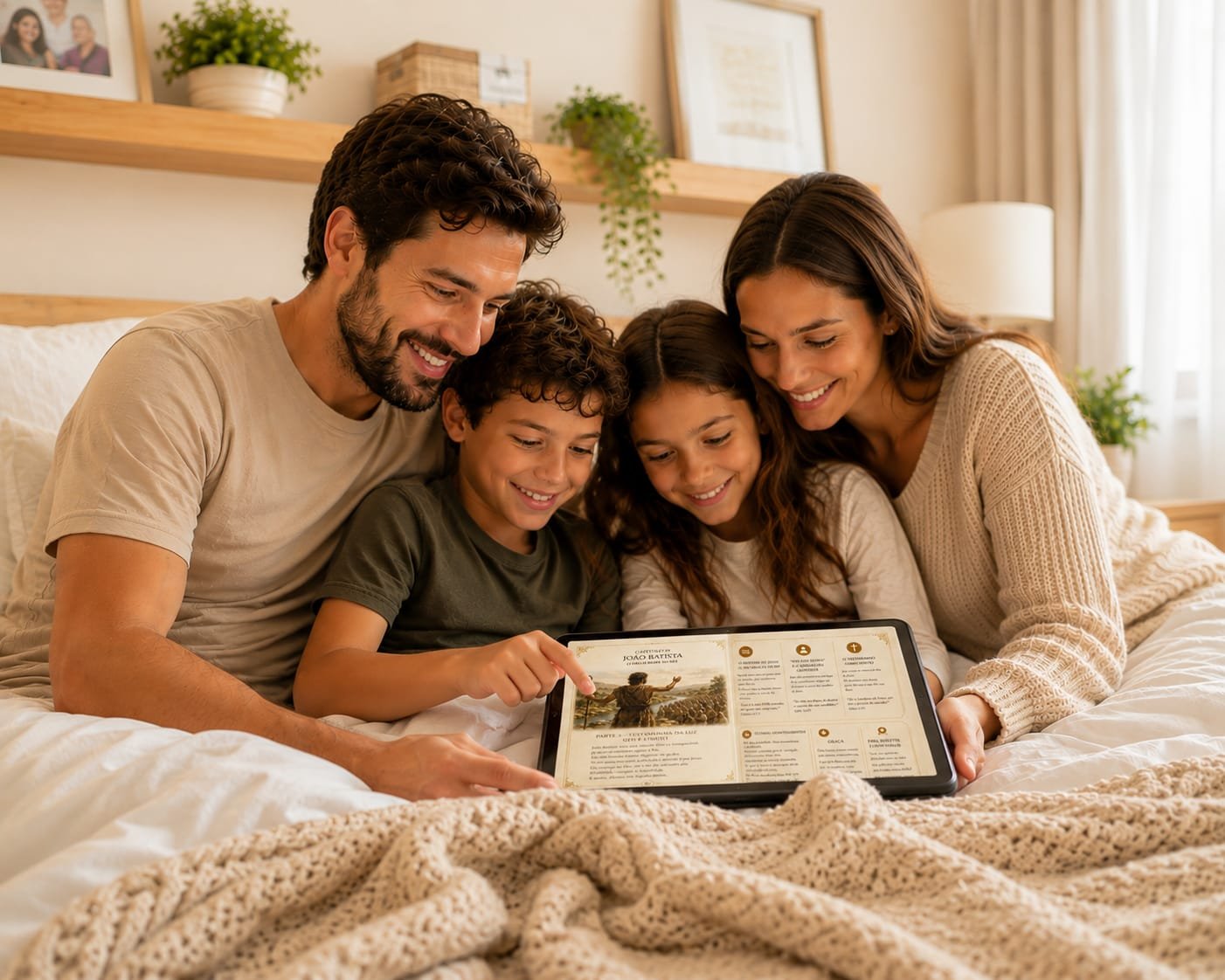Família lendo A História da Graça no tablet